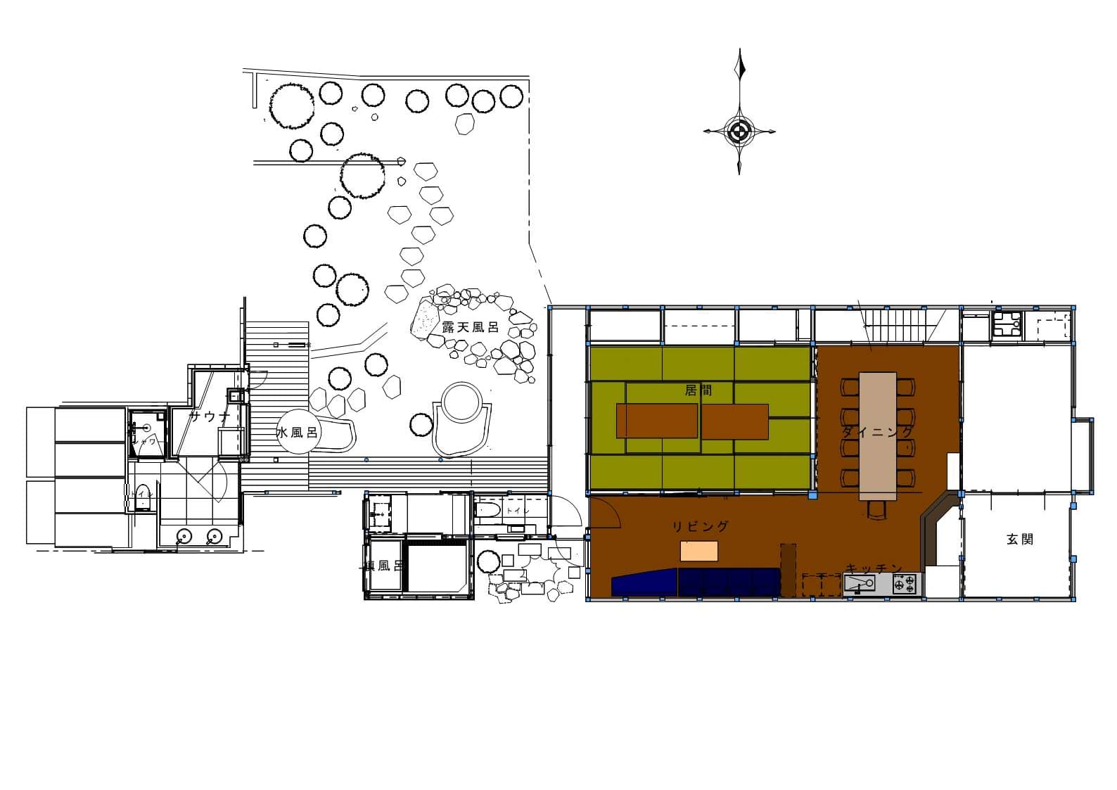 京町家の一階平面図。プライベートサウナ、水風呂、槙風呂、露天風呂、庭園、リビングなどの配置を示す図面